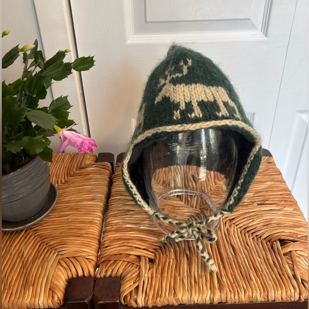 Green and Cream Knit Reindeer Hat